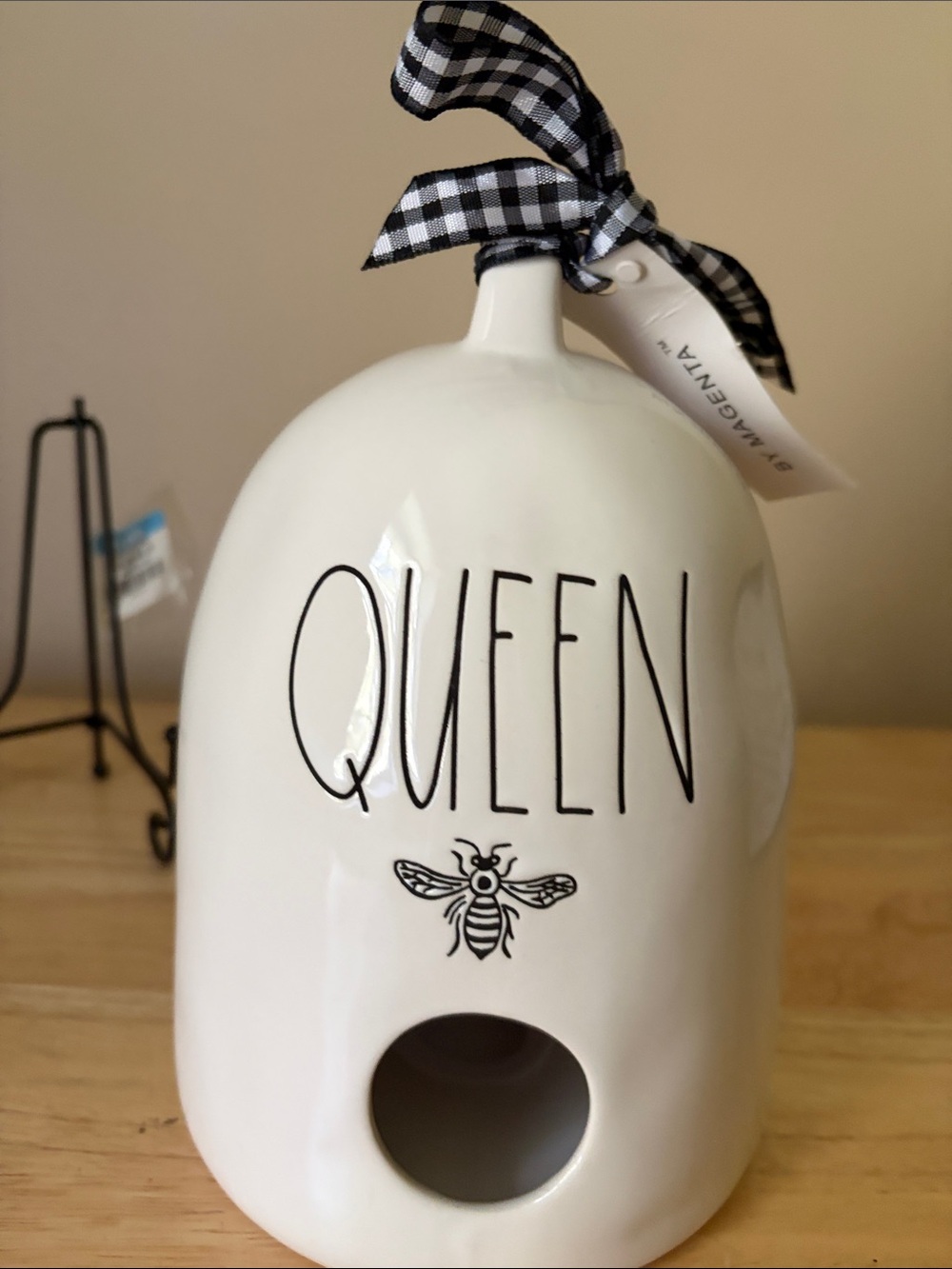 Rae Dunn White "QUEEN" Ceramic Bee House with Black Lettering